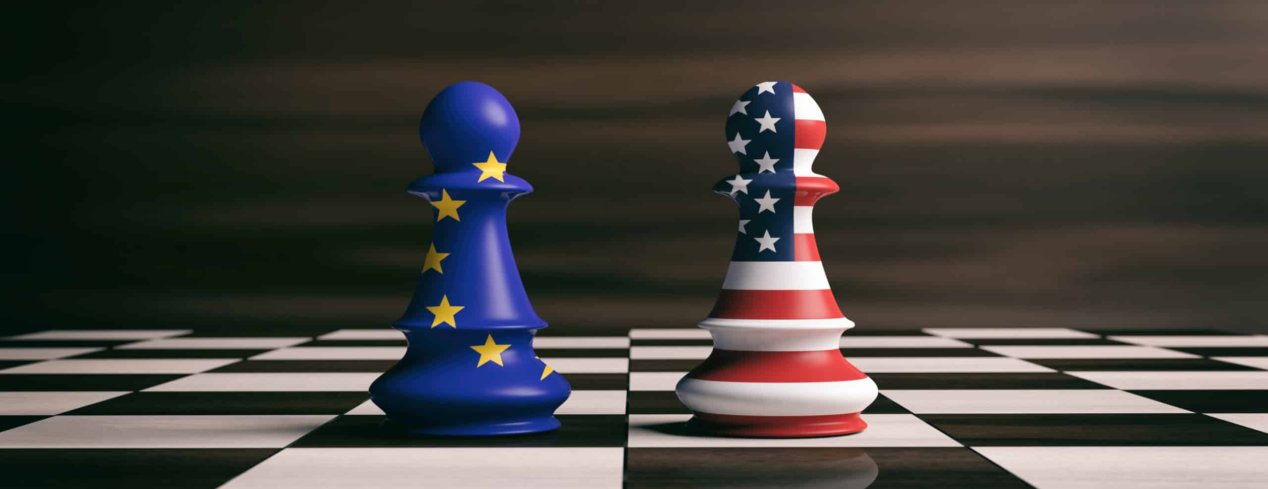 USA and European Union flags on chess pawns on a chessboard. 3d