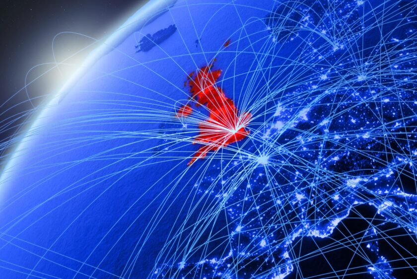 United Kingdom on blue Earth with network