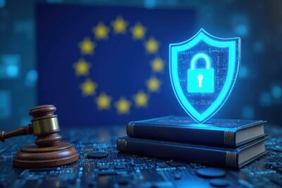 European Cyber Resilience Act with shield icon, padlock EU data protection, digital security laws. Includes gavel, legal books representing justice, regulation, emphasizing cyber governance network