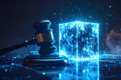 Futuristic Justice Gavel with a Glowing Cube Represents Digital Law and Emerging Technologies.