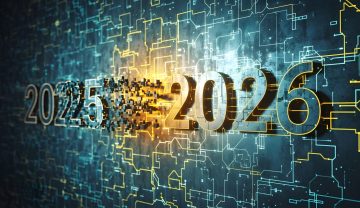 Futuristic concept of the year 2025 dissolving into 2026 with glowing particles on a high-tech circuitry network background.