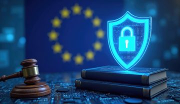 European Cyber Resilience Act with shield icon, padlock EU data protection, digital security laws. Includes gavel, legal books representing justice, regulation, emphasizing cyber governance network