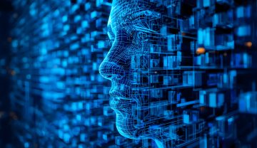 A striking visual of a digital face created with grid lines and illuminated by blue light. This artwork embodies modern technology and futuristic concepts.