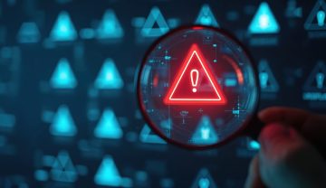System engineer examines warning sign in digital network. Magnifying glass shows red triangle with exclamation mark. Cyber security issue found, in data flow.