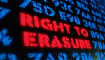 Right to erasure concept on digital background. Red alert and text in screen stylised illustration.